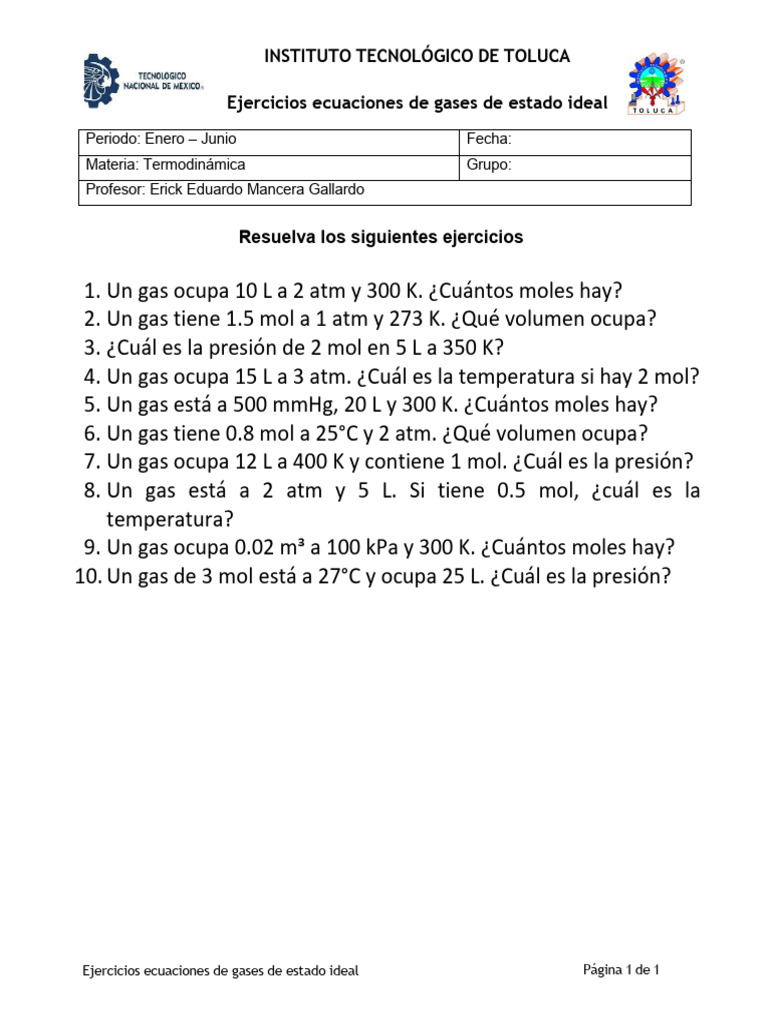 Ejercicios Ecuaciones de Gases de Estado Ideal - Termodinamica | PDF