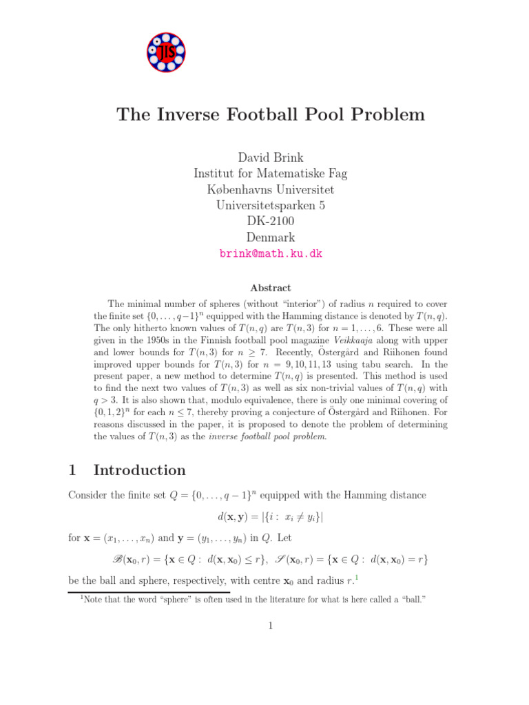 The Inverse Football Pool Problem | PDF | Matrix (Mathematics) | Sphere
