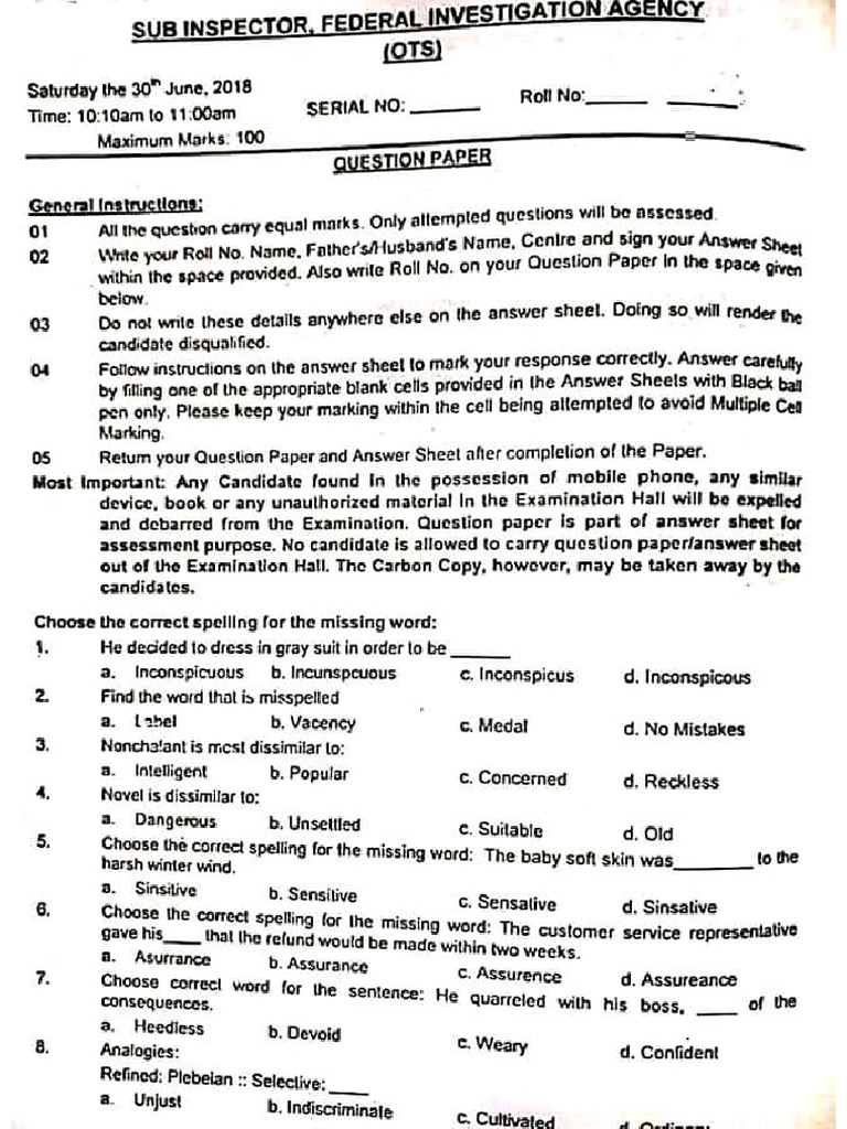 FIA Sub Inspector Paper | PDF