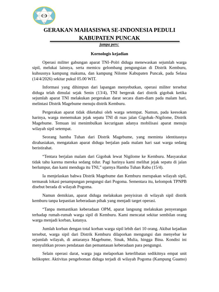 Pers Rilis Mahasiswa Puncak Se-Indonesia | PDF