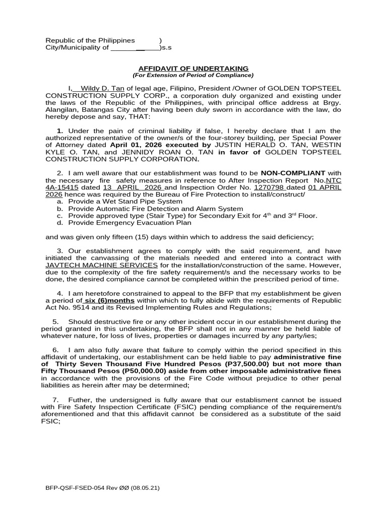 BFP - Affidavit of Undertaing | PDF | Fire Safety | Justice