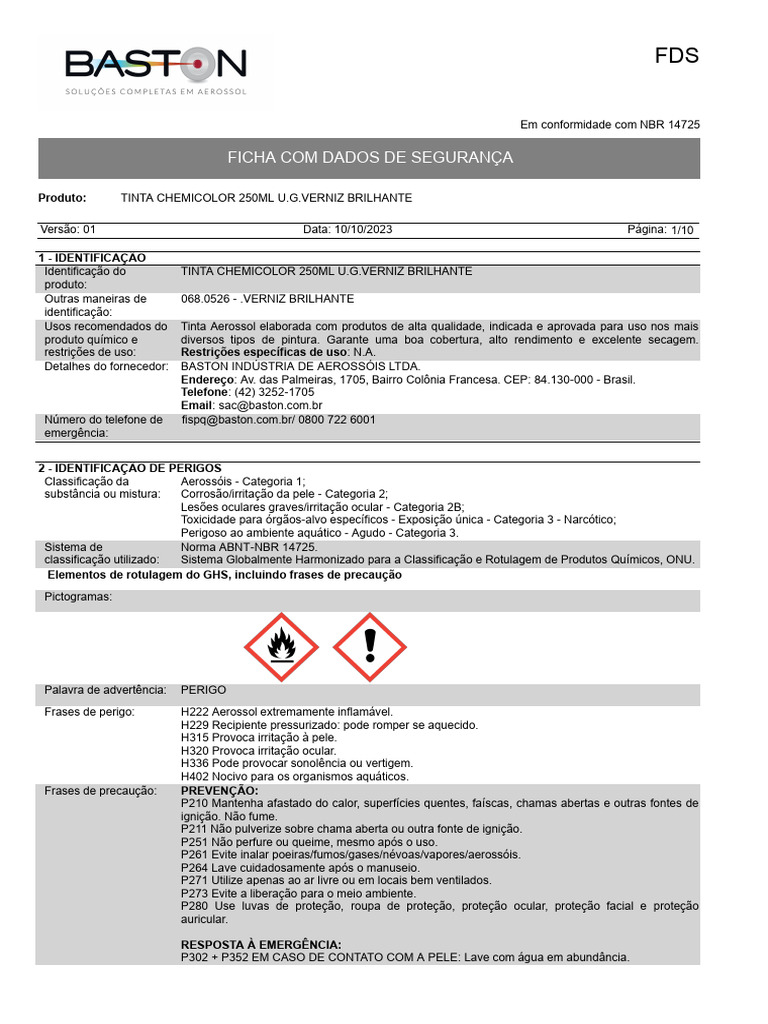 Fds - Tinta Spray Chemi Color Baston Rev 01 | PDF | Densidade | Toxicidade