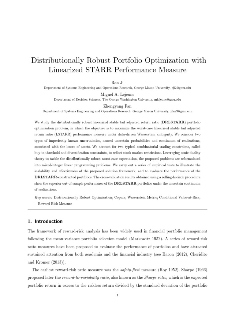 Distributionally Robust Portfolio Optimization With | PDF | Value At ...