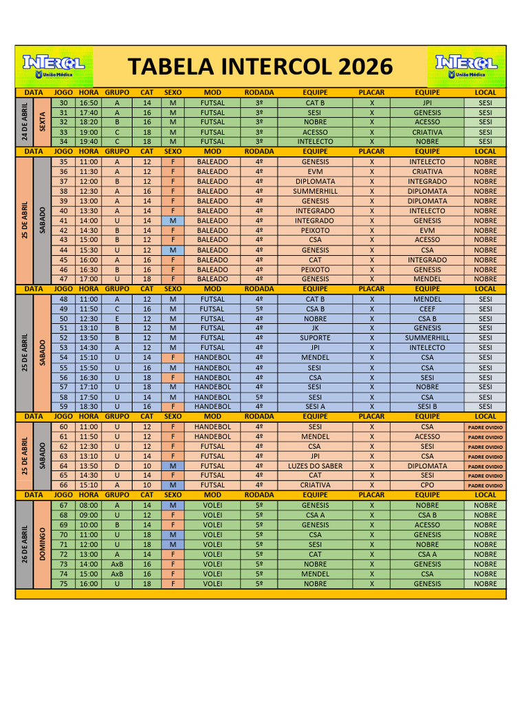 Tabela Intercol 24,25,26 Abril 2026 Atualizada.. | PDF