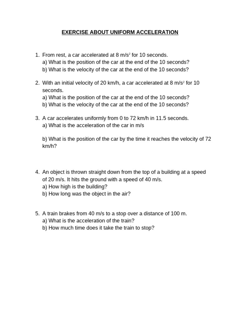 Exercise About Uniform Acceleration | PDF
