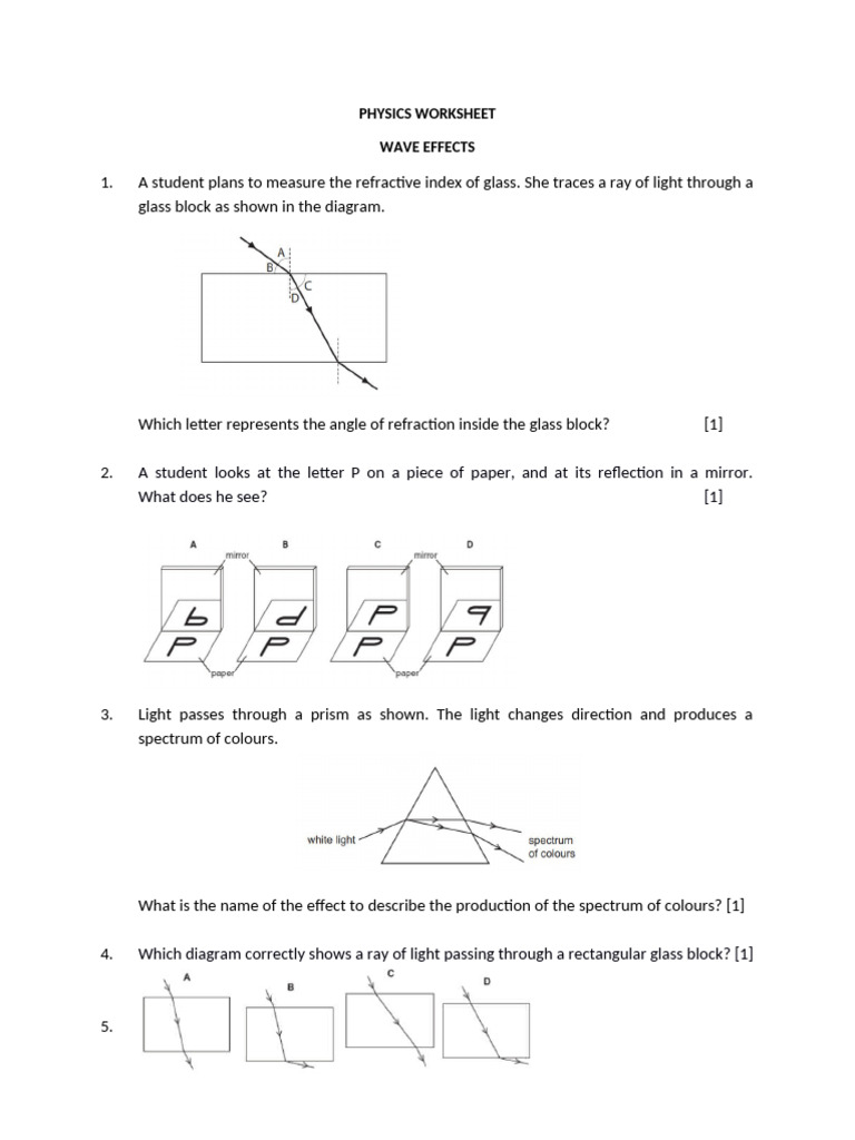 Physics Worksheet Critical Angle | PDF | Refraction | Light