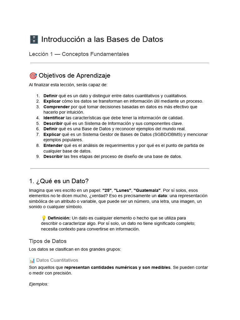 Lección 1 - Introducción a Las Bases de Datos | PDF | Bases de datos ...