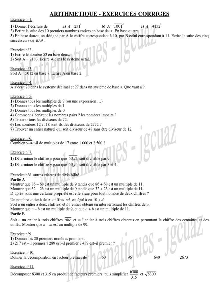 Multiples Et Diviseurs Exercices Corrigés Arithmetique EXOSCORRIGES | PDF