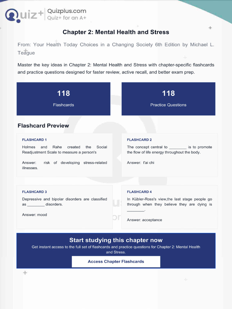 Flashcards for Chapter 2 Mental Health and Stress | PDF