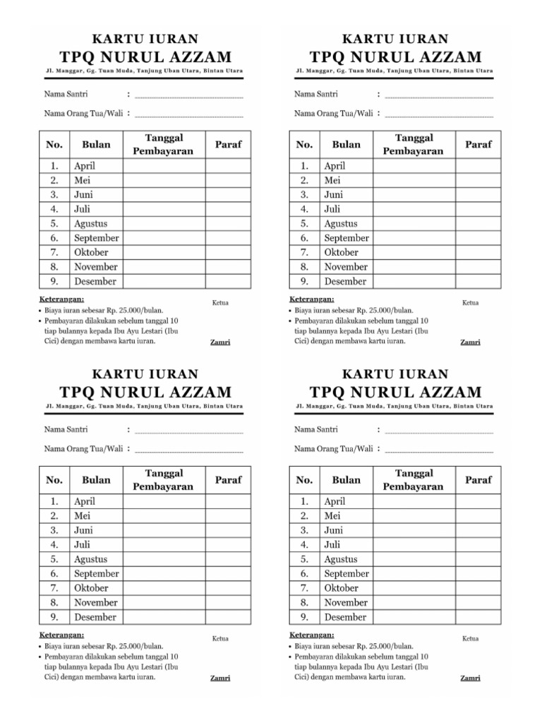 KARTU IURAN TPQ | PDF