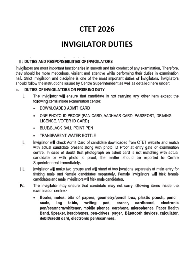 CTET Invigilator Duties 2026 | PDF