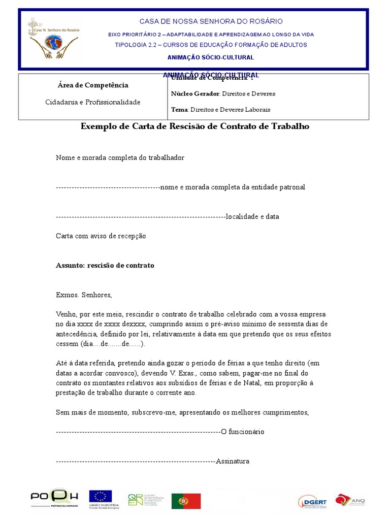 Exemplo de Carta de Rescisão de Contrato de Trabalho