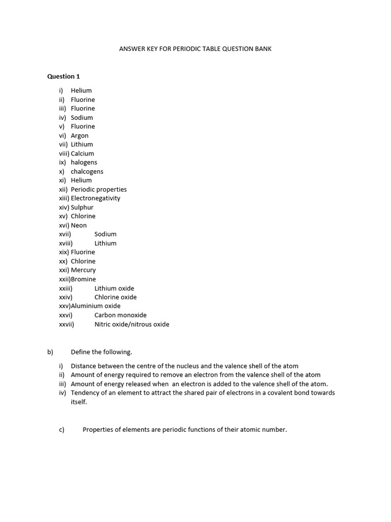 Periodic Table Answers[1] | PDF | Chlorine | Periodic Table