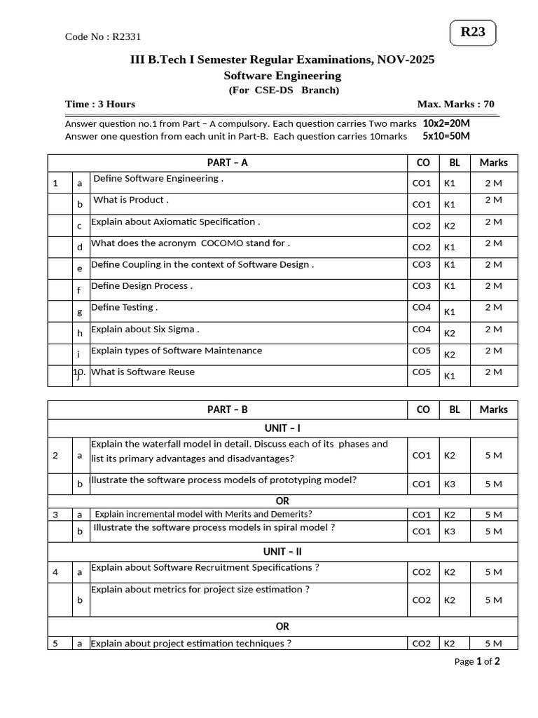 Software Engineering Model Paper | PDF | Software | Software Engineering
