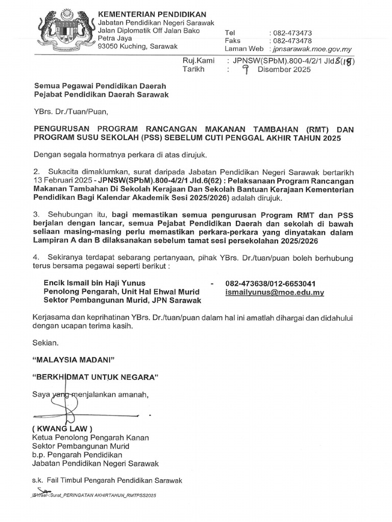 Surat Pengurusan Program Rancangan Makanan Tambahan (Rmt) Dan Program ...