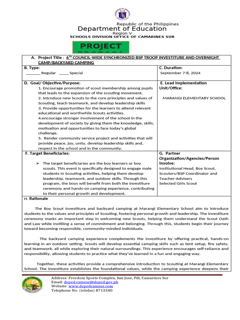 Bsp Proposal Investiture and Camping 2024-2025 | PDF | Scouting