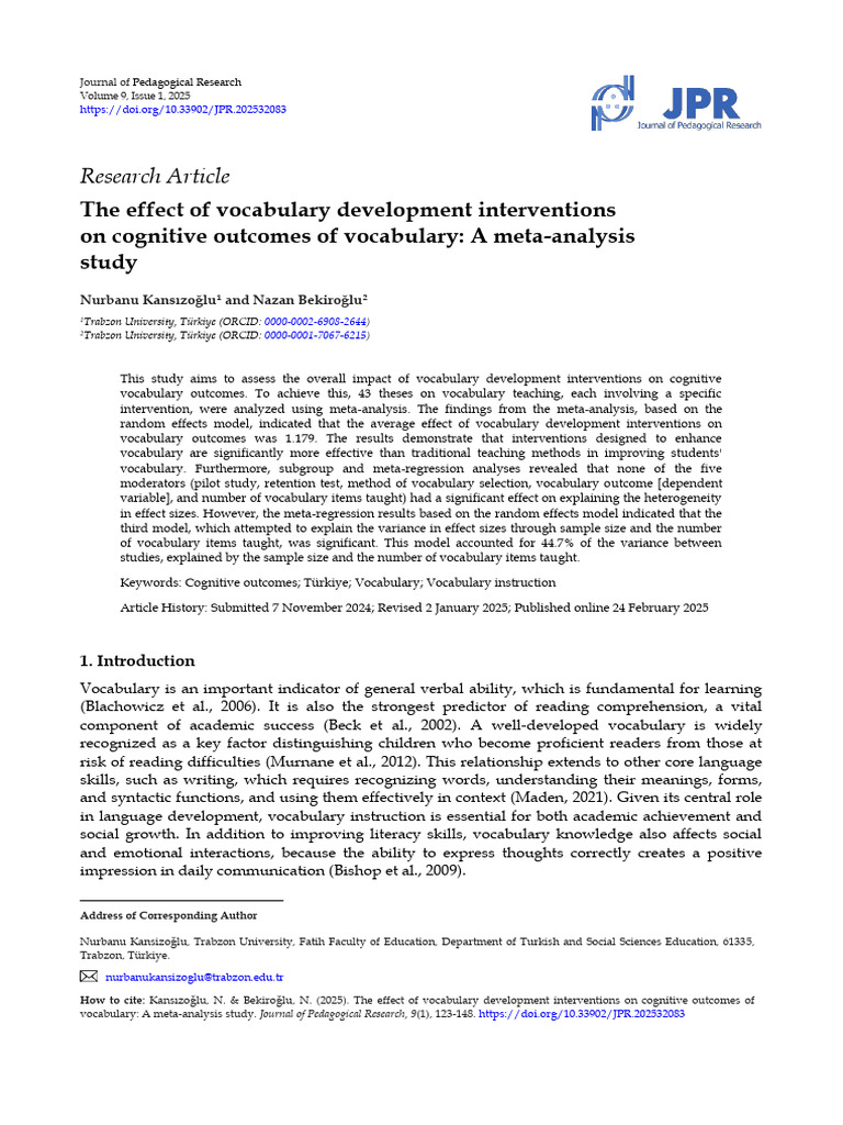 The Effect of Vocabulary Development Interventions on Cognitive ...