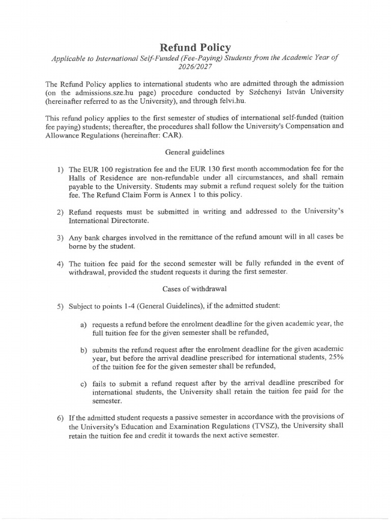SZE Refund Policy 2026 | PDF