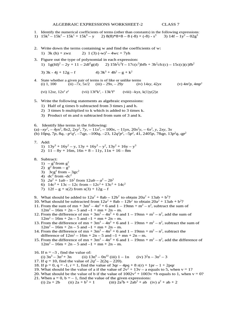 ALGEBRAIC EXPRESSIONS WORKSHEET 2 STD 7 | PDF | Elementary Mathematics ...