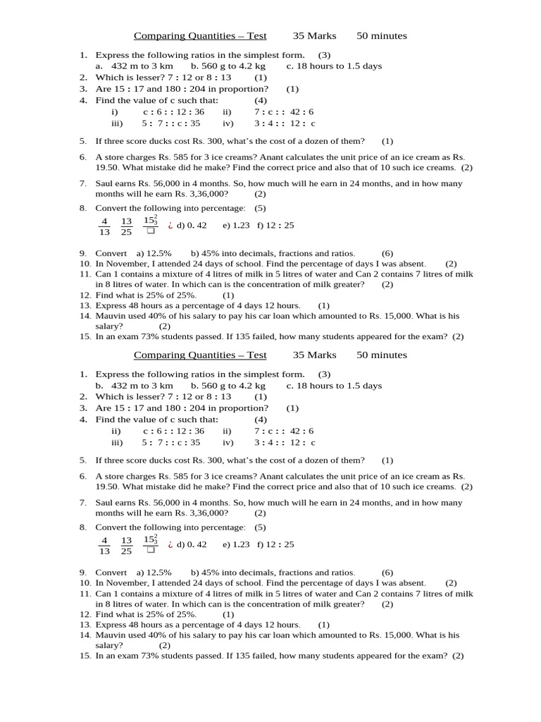 Comparing Quantities Test | PDF | Percentage | Ratio