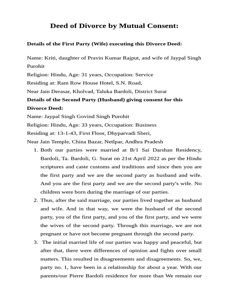 Deed of Divorce by Mutual Consent 22-4-2026 (1) | PDF | Marriage | Divorce