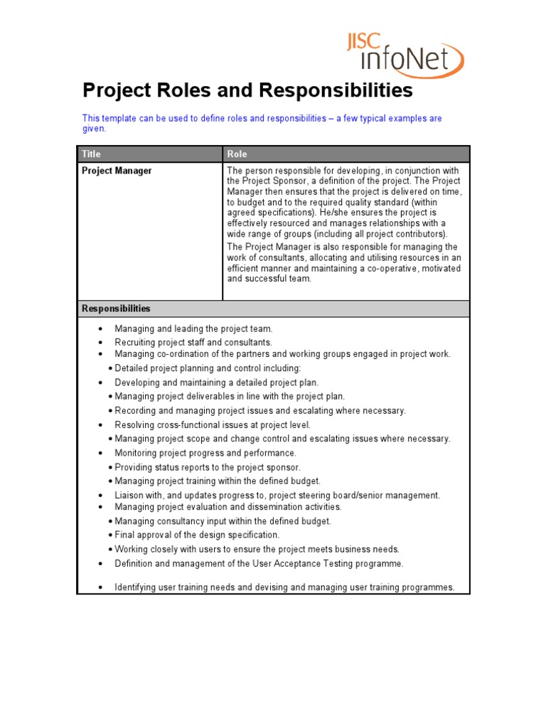 Project Roles and Responsibilities Template | PDF | Project Manager ...