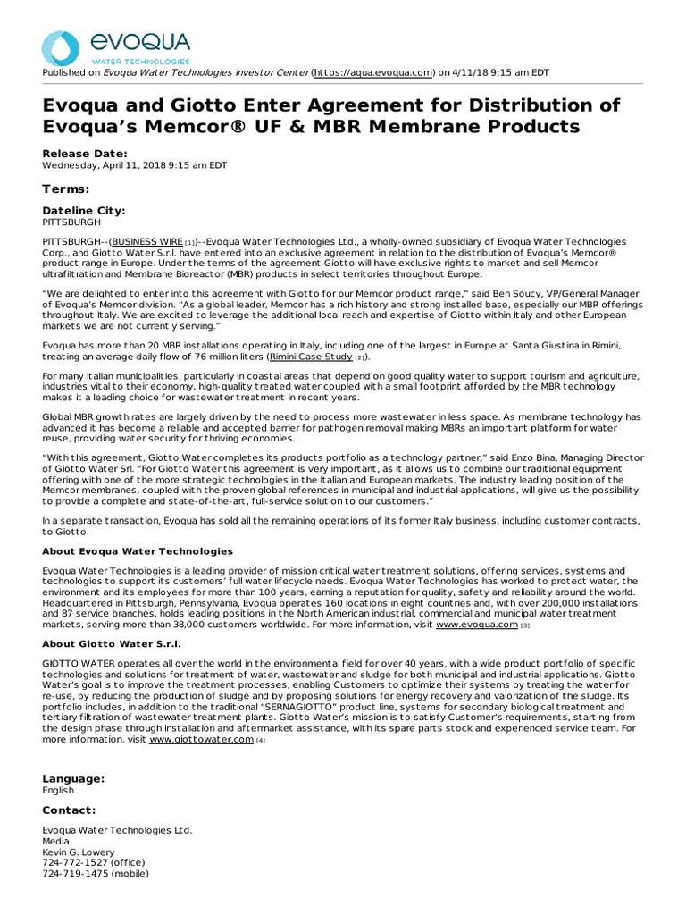 Evoqua and Giotto distribe Memcor UF MBR | PDF