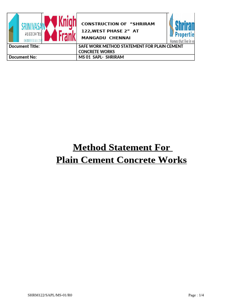 01. Method Statement for PCC Works | PDF | Concrete | Cement