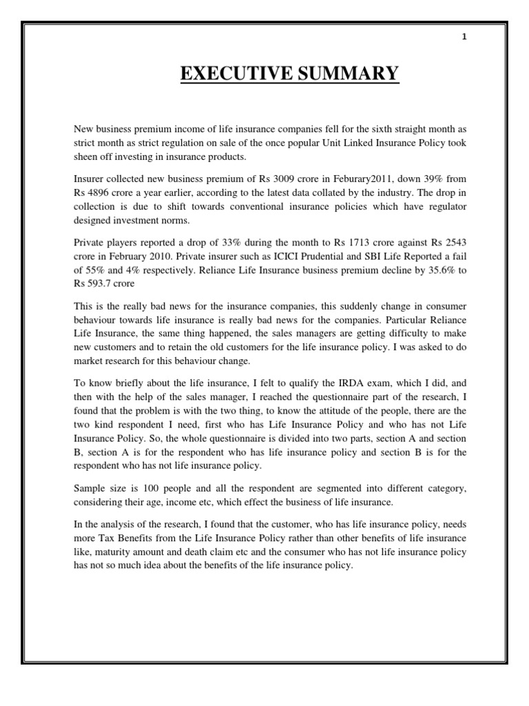 Executive Summary Life Insurance Insurance