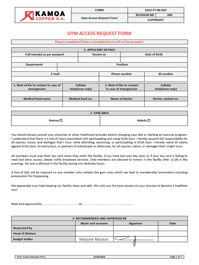 1013-FT-00-029_Gym Access Request Form 8 | PDF