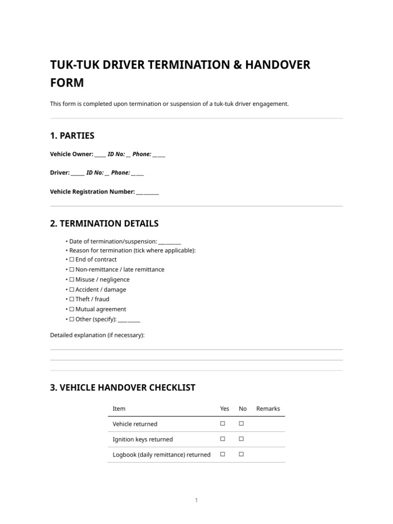 Tuk-tuk Driver Termination & Handover Form | PDF