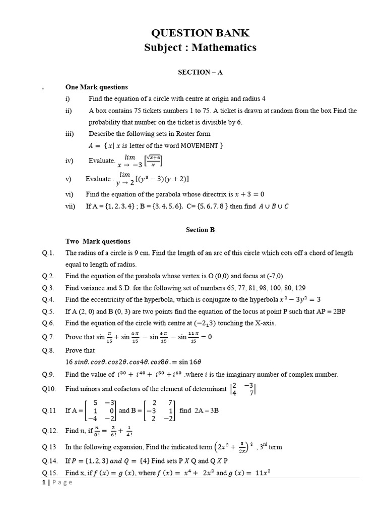 Question Bank Mathematics | PDF