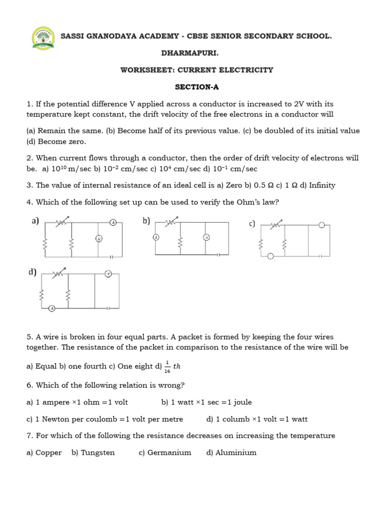 Worksheet Current Electricity | PDF | Electrical Resistance And ...