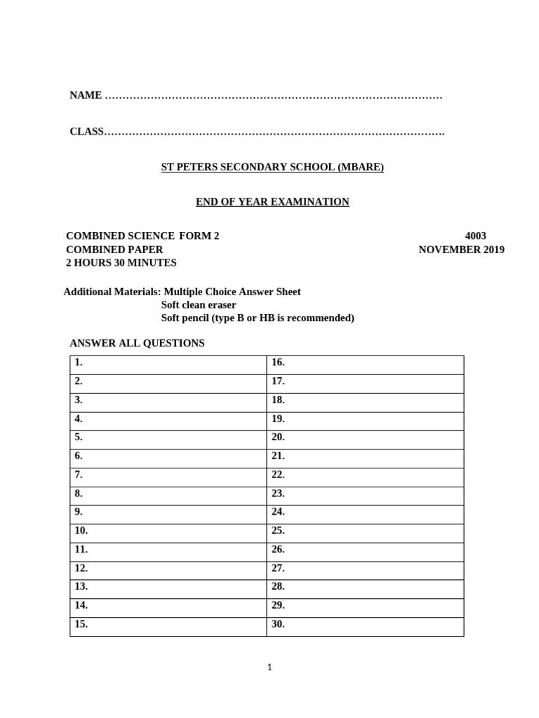 Form 2 Revised End of Year Examination 1 | PDF | Breathing | Evaporation