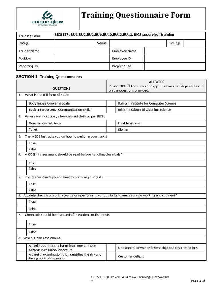 Training Questionnaire Form for Supervisor | PDF | Safety