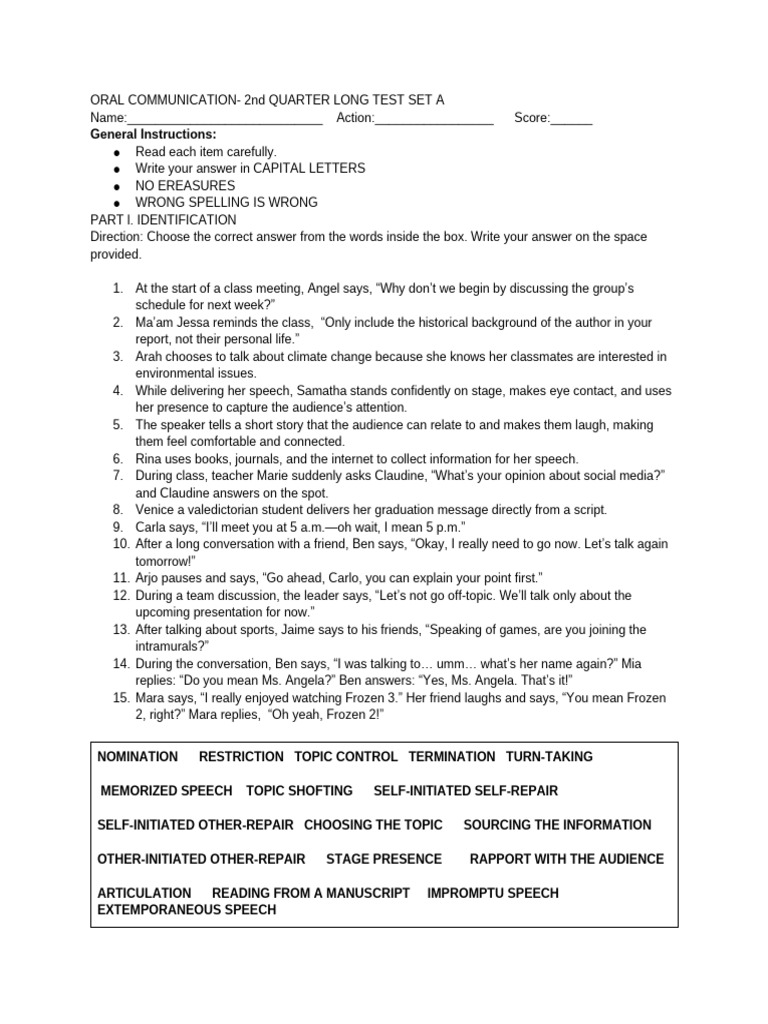2ND Quarter Long Test | PDF | Communication | Human Communication