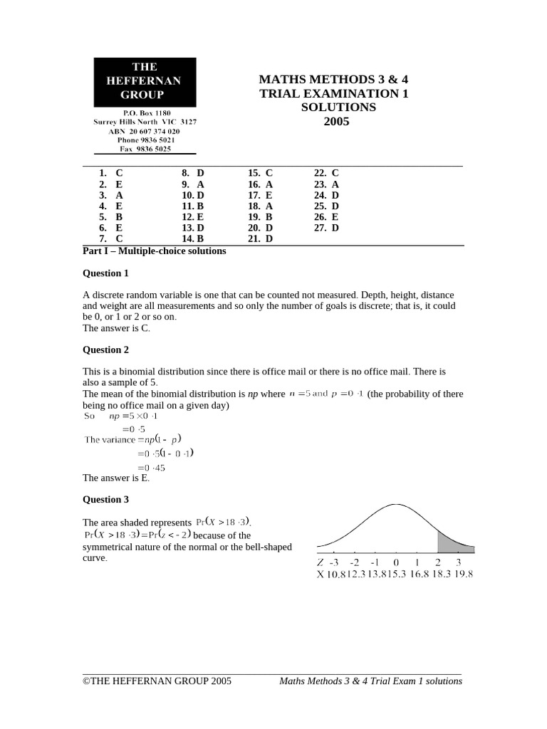 2005 Maths Methods 3 & 4 Exam 1 Solutions | PDF | Probability ...