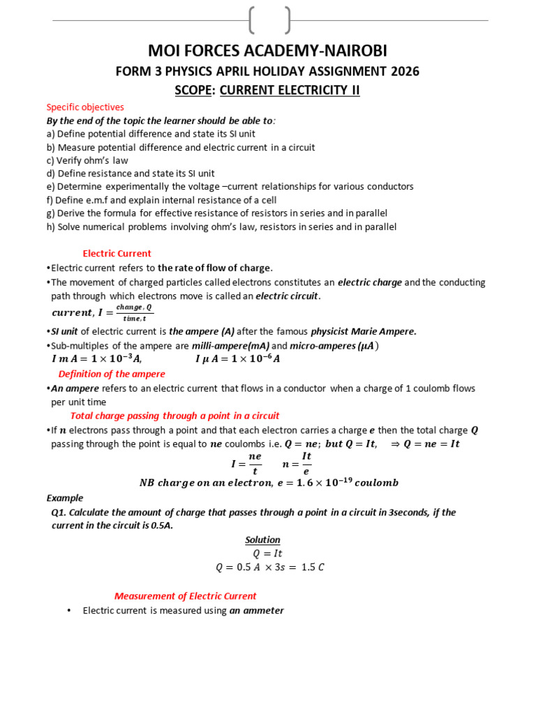 Physics Form 3 April Assignment 2026 (1) | PDF | Electrical Resistance ...