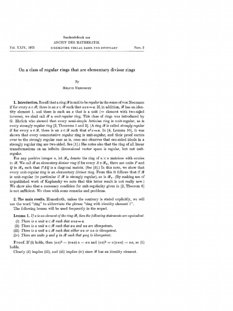 1973 Henriksen on a Class of Regular Rings That Are Elementary Divisor ...