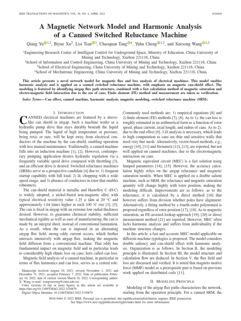 A Magnetic Network Model and Harmonic Analysis of a Canned Switched ...