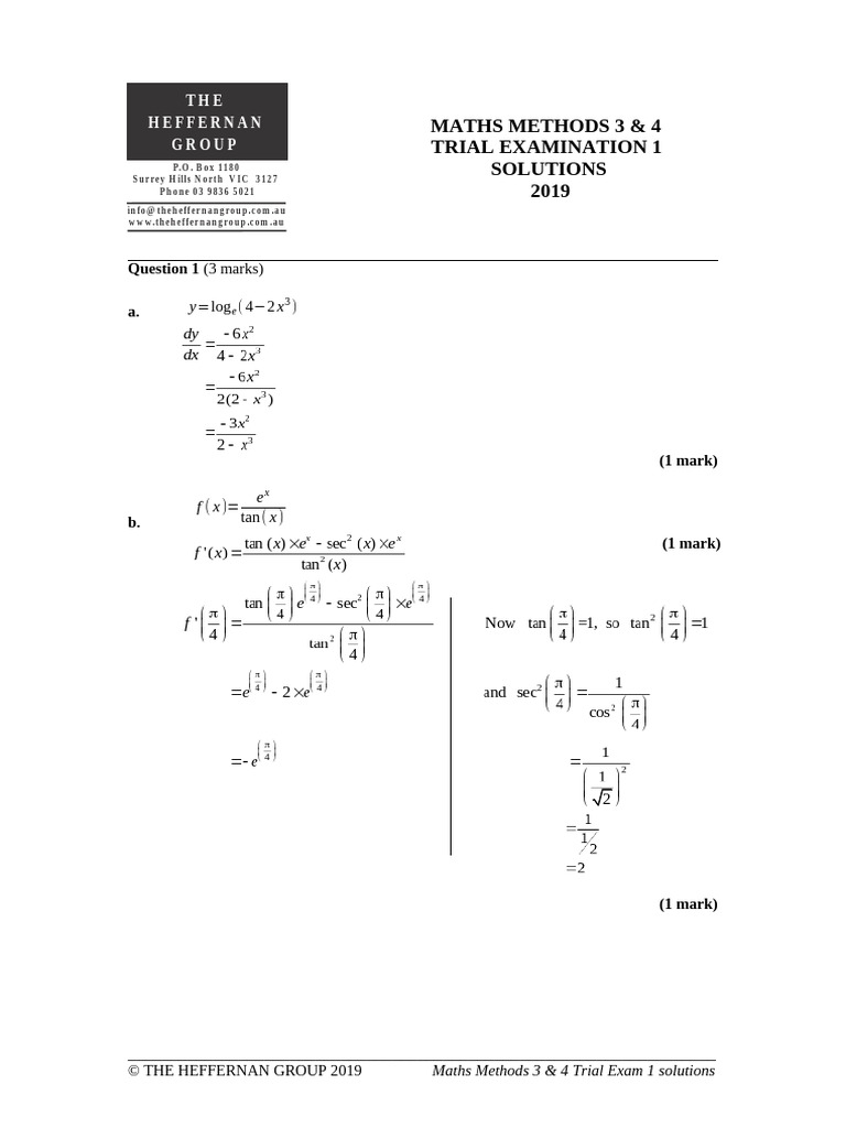 2019 Maths Methods Units 3 & 4 Exam 1 Solutions | PDF | Mathematical ...