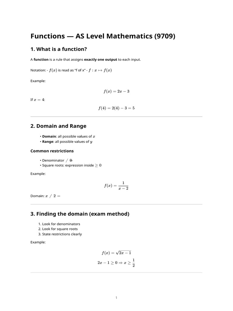As Level Mathematics (9709) - Functions Notes | PDF | Function ...