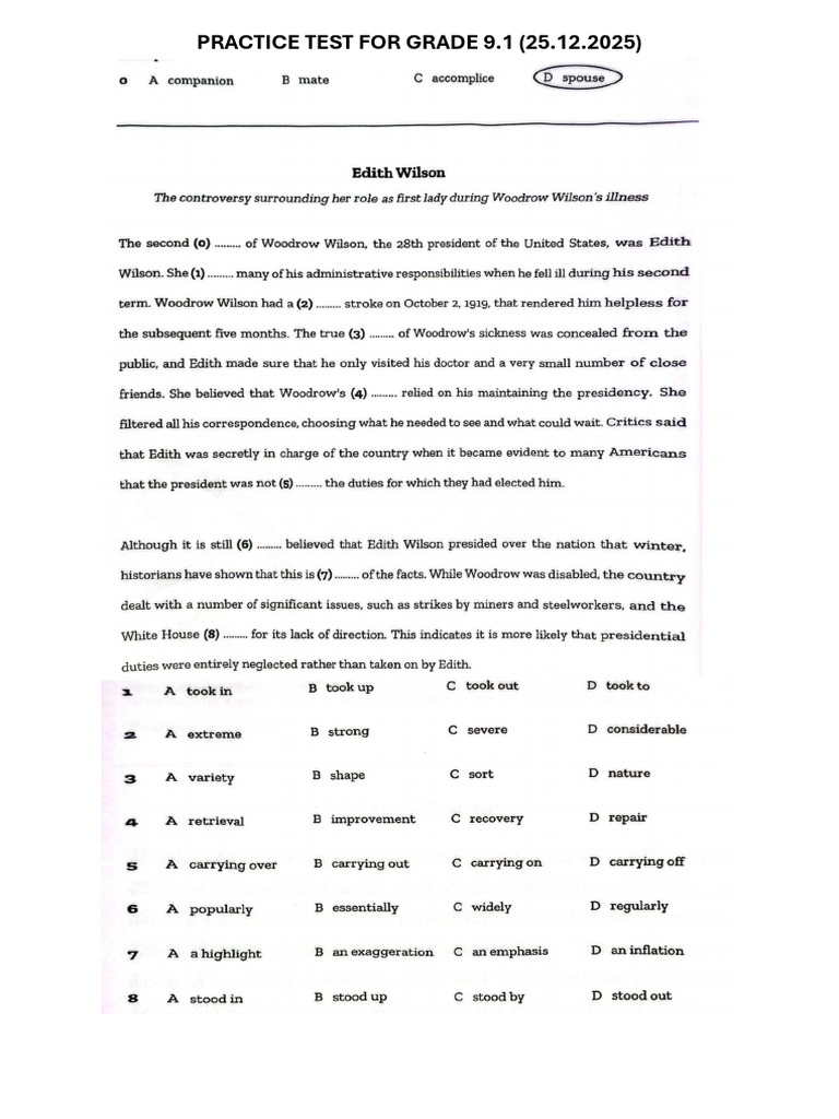 Practice Test for Grade 9.1 (25.12.2025) | PDF