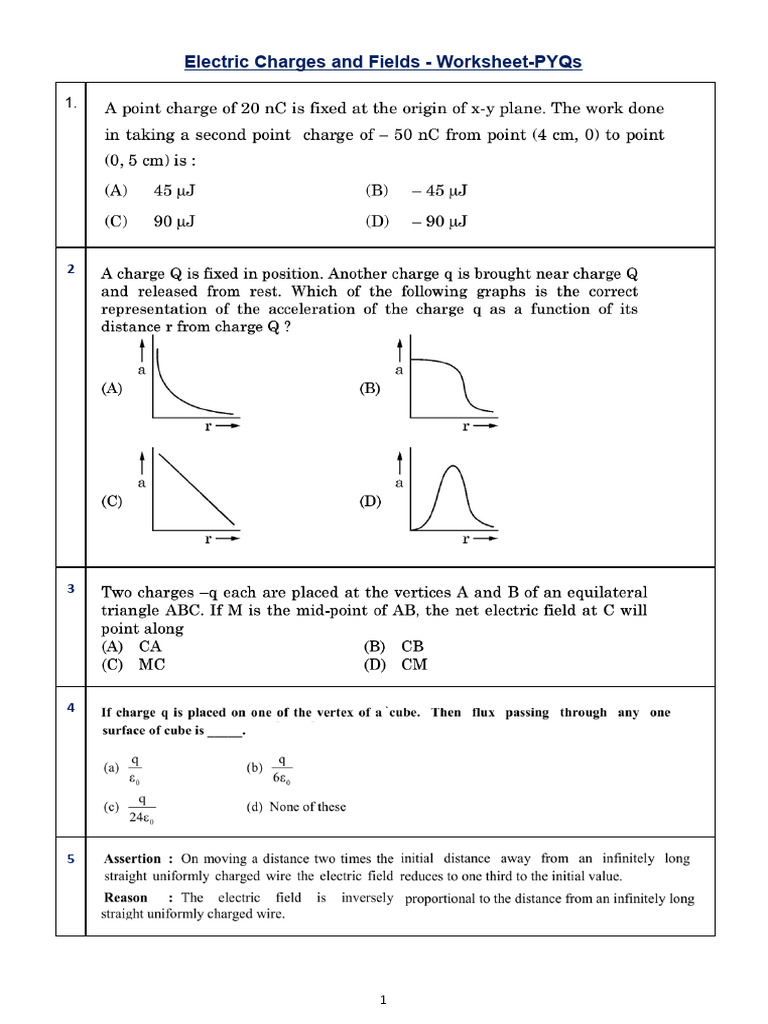 Electric Charges and Fields - Worksheet-PYQs.docx | PDF