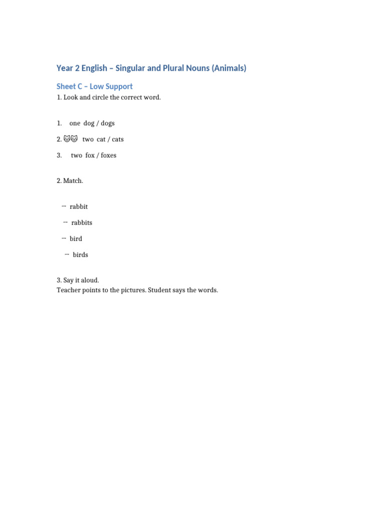 Year 2 Singular and Plural Nouns Differentiated Worksheets | PDF
