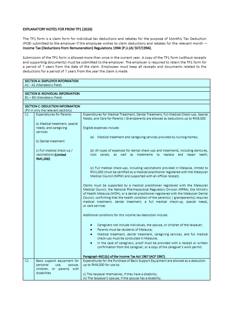 Explanatory Notes for From Tp1 2026 | PDF | Life Insurance | Tax Deduction