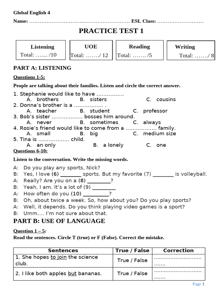S4_Practice Test 1 (Unit 1) | PDF