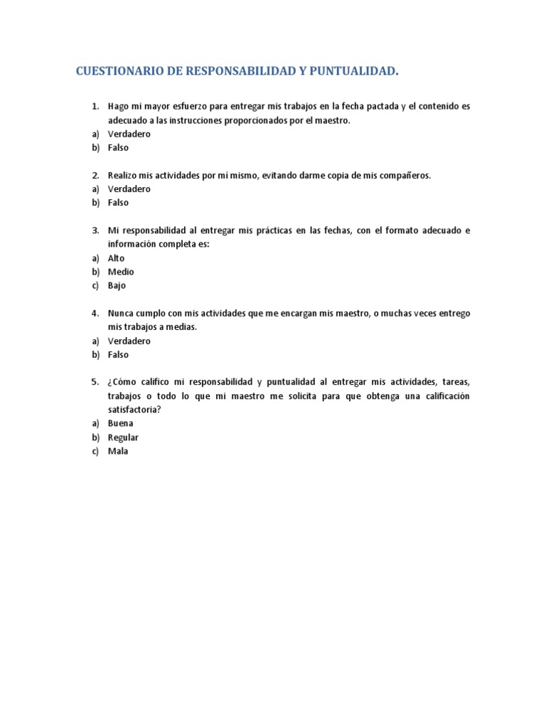 Cuestionario de Responsabilidad y Puntualidad
