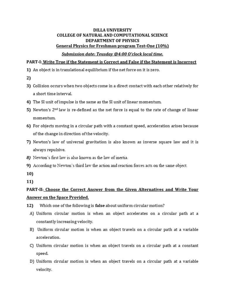 General Physics Freshman Program-Test-I | PDF | Force | Acceleration