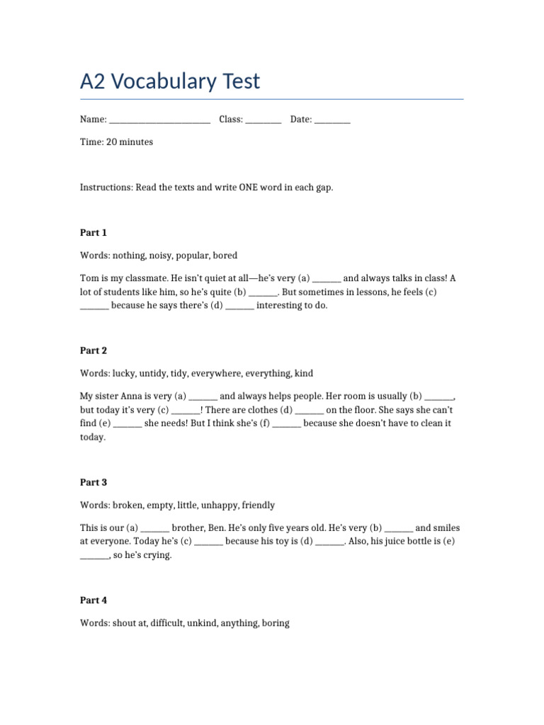 A2 Vocabulary Test | PDF